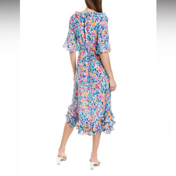Tyler Boe 100% Silk Floral Midi Dress V-Neck Short Ruffled Sleeves A-Line Small - Picture 15 of 16